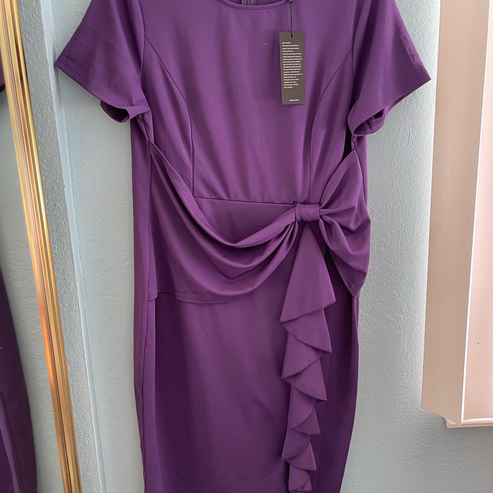 Purple Ruched Ruffled Sheath Midi Dress - Picture 4 of 5